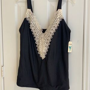Black tankini top, size 1X, lace front detail